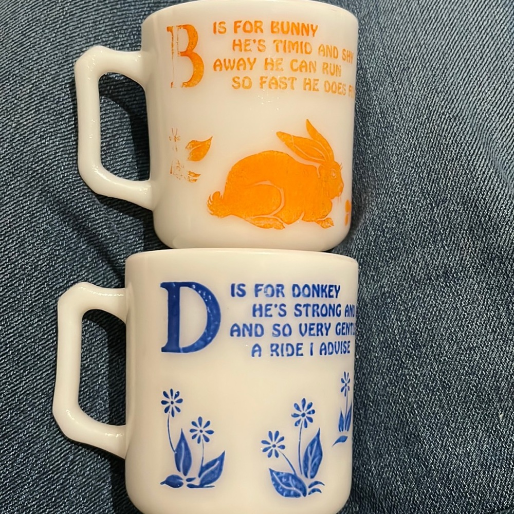 Set of 2 Vintage Hazel Atlas Child's Alphabet Mugs:  B for Bunny & D for Donkey